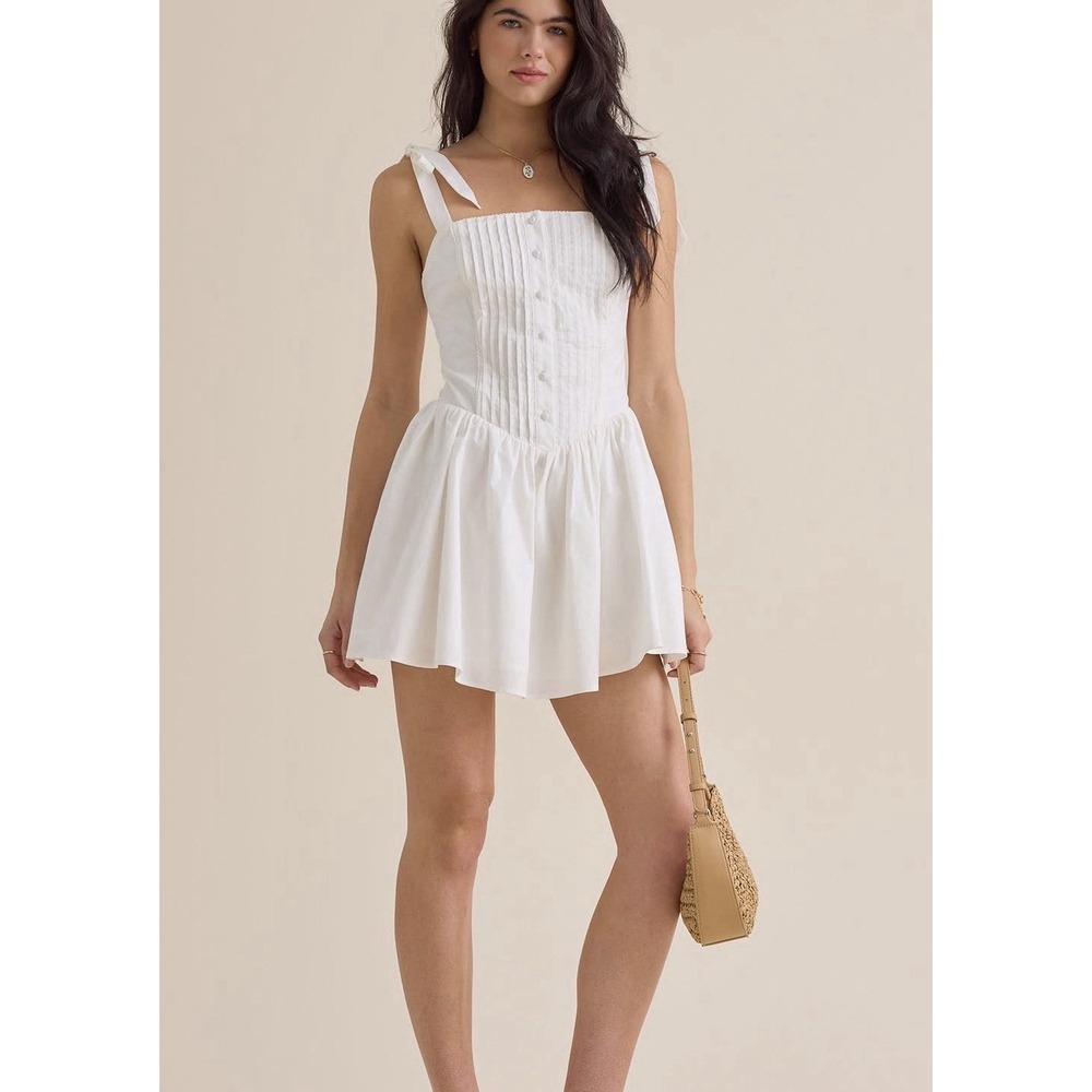 Altard State Corset Mini Dress Large White Pintucked Tie Strap Fit & Flare